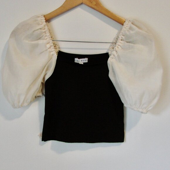 Miou Muse Black Cream Pouf Top Knit Ribbed Stretch Victorian Romantic Size Small - Picture 5 of 15